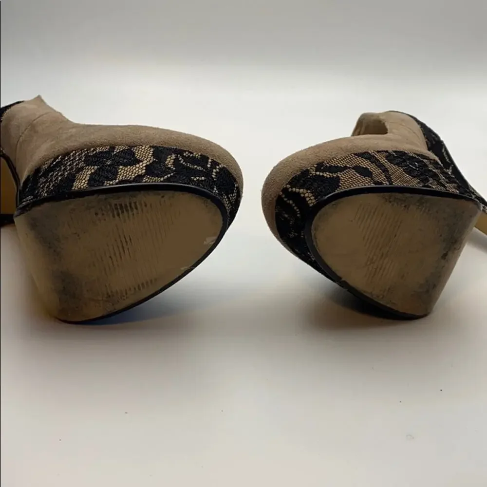 MyStock Faux Suede Platform Heels w Black Lace Detail Sz 7